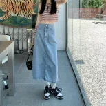 2023夏季新款设计感口袋半身裙高腰显瘦宽松水洗牛仔裙女中长款
