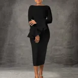 Fashionable Solid Color Bodycon Dress with Flared Sleeves Womens Winter Collection Office Wear W