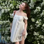 Womens Summer Dress Sweetheart Neckline Puff Sleeves Loose Fit Solid Color low MOQ