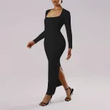 Elegant Bodycon Midi Dress Square Neck Long Sleeve Ankle Length Slim Fit Autumn Winter Fashion W