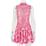 Color Block Printed A Line Dress Slim Fit High Neck Short Sleeve Casual Wear for Women OEM Avail