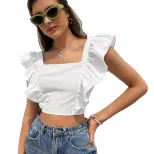 Womens Ruffled Sleeve Backless T Shirt Sweet and Fresh Design Square Neck Sleeveless Casual Wear