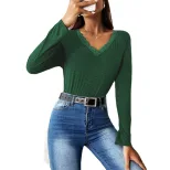 Womens Casual V Neck T Shirt Loose Fit Long Sleeve Lace Patchwork Fashionable Top for Spring Fal
