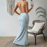 Floral Maxi Dress Sweet Design Halter Neck Backless Slim Fit Perfect for Spring Summer Beach Vac