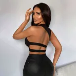 Sexy Backless Crop Top Hollow Design Short Sleeve Lightweight Fabric Spring Summer Casual Wear W