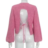 Knit Sweater Round Neck Long Sleeve Sexy Backless Tie Design Short Style Casual Wear for Autumn