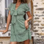 Summer Floral Cake Dress Waist Defined Bow Detail Green Color Perfect for Parties and Casual Out