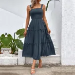 Casual Summer Dress Solid Color Adjustable Straps Waist Tie Design Beach Vacation Essential Whol