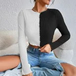 Color Blocked Waffle Knit Long Sleeve T Shirt Exposed Stitching Short Length Versatile Style Aut