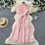 Embroidered Lace A Line Dress for Women Summer Fashion Elegant Fit and Flare Available in Red Apricot and Blue