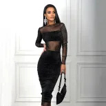 Womens Sexy Strapless Crop Top with High Waisted Bodycon Skirt and Fashionable Mesh Cover Up Tre