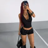 Womens Summer Casual Two Piece Set Sexy Halter Neck Beaded Top and Shorts Black