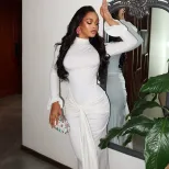 Elegant Long Sleeve Bodycon Dress Solid Color Flared Sleeves Tie Detail High Neck Perfect for Pa