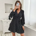 Black Polka Dot Long Sleeve V Neck Dress for Women Casual Elegant Style Available in S to XL Wholesale Ready to Ship