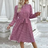 Floral Print Long Sleeve Dress Casual Sweet Elegant Round Neck Versatile Style Wholesale Availab