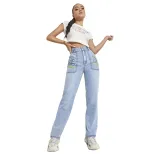 High Waisted Wide Leg Stretch Denim Pants Slim Fit Color Block Design Spring Fall Fashion Wholes