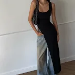Womens Long U Neck T Shirt Irregular Hem High Slit Solid Color Trendy Autumn Fashion Wholesale A