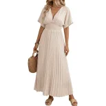 Casual Solid Color V Neck Pleated Maxi Dress Elegant Design Comfortable Fit Versatile Style Whol