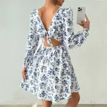 Elegant French Style Square Neck Dress High Waist Backless Floral Print Spring Summer Casual Wea