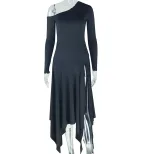 Fashionable Womens Irregular Hem Dress Slim Fit Solid Color One Shoulder Long Sleeve Side Slit C