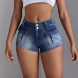 Fashionable Womens Denim Shorts High Waist Large Pockets Stretchy Fabric Casual Summer Wear Whol