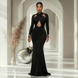 Elegant Womens Bodycon Dress Solid Color Curve Hugging Long Sleeve Strapless Design Perfect for