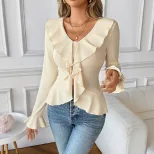 Elegant Womens T Shirt Fitted Bell Sleeves Ruffle Hem Solid Color Spring Fall Fashion Wholesale