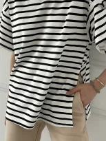 Striped Split Hem T Shirt for Women Loose Fit Short Sleeve Summer Style Casual Wear Wholesale Av