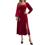 Velvet Long Sleeve Dress Sexy Split Design Waist Cinching Square Neck Puff Sleeves Evening Party