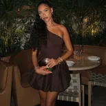 Off Shoulder Pleated Mini Dress Elegant Ruffle Hem Slim Fit Solid Color Fashionable for Parties