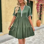 Floral Lace Trimmed V Neck Dress Loose Fit French Country Style Green Color Perfect for Spring S