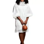 Hollow Out Puff Sleeve Two Piece Dress Solid Color Elegant Design Suitable for Fall Wholesale Av