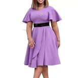 Womens A Line Dress Solid Color V Neck Ruffle Sleeves High Waist Flowy Design Casual or Formal W