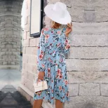 Floral Print Long Sleeve Dress Blue Pleated Round Neck Autumn Winter Fashion Wholesale Available