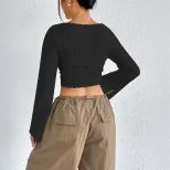 Fashionable Elegant Womens T Shirt Square Neck Flared Long Sleeves Spring Summer Style Wholesale
