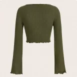 Asymmetrical Hem Long Sleeve T Shirt Slim Fit V Neck Flare Sleeves Spring Summer Womens Fashion