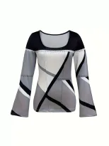 Womens Slim Fit Printed T Shirt Casual Style Flared Sleeves Autumn Fashion Perfect for Everyday