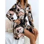 Long Sleeve V Neck Floral Print Dress Sexy Design Adjustable Tie Trendy Style Perfect for Partie