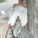 Off Shoulder Ruffled Blouse Slim Fit Lantern Sleeves Wrinkled Fabric Spring Fashion Wholesale Av