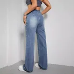 High Waisted Denim Trousers Casual Chic Style Versatile Fit European and American Fashion Wholes