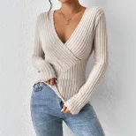 Womens Slim Fit V Neck Long Sleeve T Shirt Ribbed Fabric Soft Touch Elegant Style Spring Summer