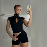 Fashionable Womens Two Piece Set Slim Fit Top with Hidden Buttons Solid Color Shorts Casual Summ