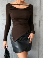 Irregular Hem Long Sleeve Top Small V Neck Waist Cinching Design Elegant Style Perfect for Casua