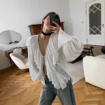 Chiffon Cardigan Top Ruffled Hem Lantern Sleeves Stylish Elegant Autumn Fashion for Women Wholes