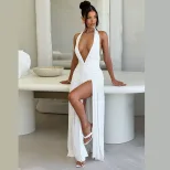 Summer Womens Dress Elegant Halter Neck V Neck Long Length Sexy Slit Ruched Backless Perfect for