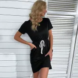 Womens Casual Solid Color Bodycon Dress Round Neck Drawstring Slim Fit Perfect for Everyday Wear