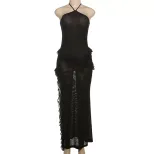 Summer Womens Dress Sexy Halter Neck Ruffled Trim Side Slit Design Perfect for Parties and Casua
