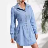 Womens Long Sleeve Denim Dress Slim Fit Waist Defining Casual Style Perfect for Spring and Summe