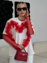 Womens Ruffled Heart Design T Shirt Soft Cotton Loose Fit Round Neck Stylish Layered Look Casual