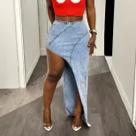 Fashionable Irregular Denim Skirt Mid Length Stretch Fabric Womens Style Casual Wear Ready to Sh